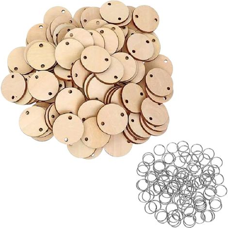 Lot de 100 étiquettes rondes en bois de 3,1 cm avec 2 trous - Petits disques ronds en bois brut - Pour fête d'anniversaire de famille, calendrier - Étiquettes en bois à suspendre avec anneaux pour (1/5)