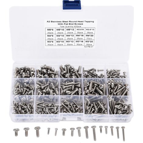 Kit d'assortiment de 400 vis autotaraudeuses à tête cruciforme en acier inoxydable (1/5)
