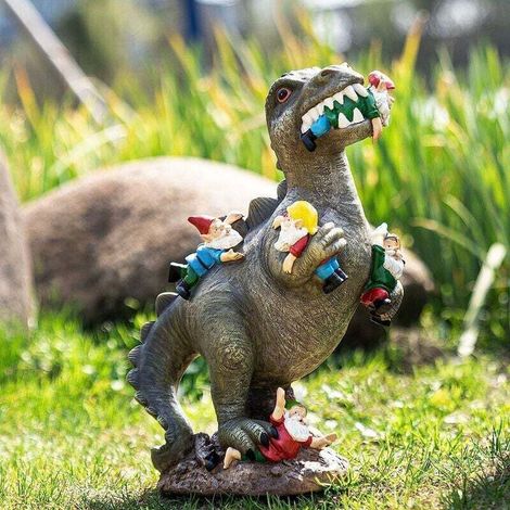Statues de nain de jardin décor extérieur, dinosaure mangeant des gnomes Art de jardin extérieur pour automne hiver décor de jardin, statue extérieure pour patio, pelouse, décoration d'art de cour, En (1/5)