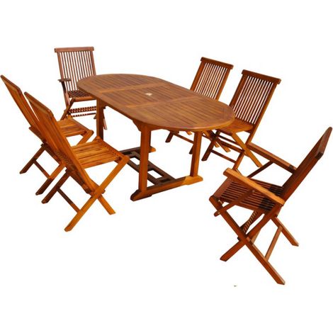 Salon de jardin Teck huilé 6 pers - Table ovale 4 chaises 2 fauteuils LUBOK