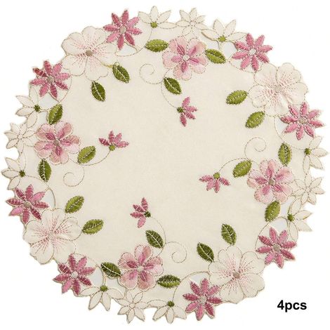 Lot de 4 serviettes de table en tissu brodé à découpes avec broderie de fleurs roses, lavables, idéales pour un usage quotidien, les mariages et les décorations de fêtes (1/5)