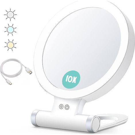 Planet Vergrößerungsspiegel mit Licht, 10x/1x, doppelseitig, tragbarer Kosmetikspiegel, 3-farbige Beleuchtung, Touchscreen mit einstellbarer Helligkeit (1/5)