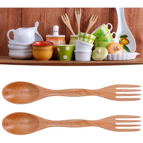Ensemble de 2 cuillères et fourchettes en bois de hêtre, à double usage, pour desserts. (1/5)