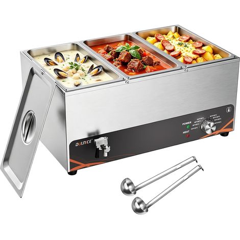 3 Bacs Bain-Marie Électrique en Acier Inoxydable, 1500W  24L Buffets Chauffe-Plats Electrique avec Temperature 30 à 85°C, Robinet de vidange, Cuillère à Soupe (1/5)