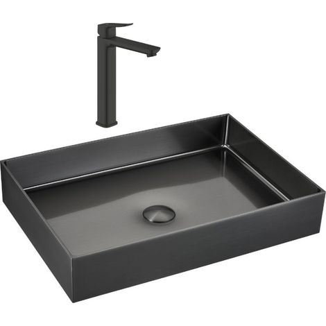 Vasque à poser acier 55x38x10 cm inoxydable 304 Céramia avec bonde + mitigeur lavabo Grohe Dice (TMLBGM1018922430)