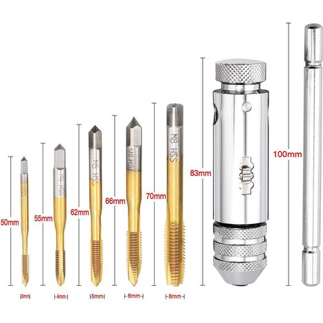 5 Stück M3 M4 M5 M6 M8 HSS Titan-beschichtet Gewindebohrer Satz Schälanschnitt mit T-Griff Ratsche Gewindeschneider