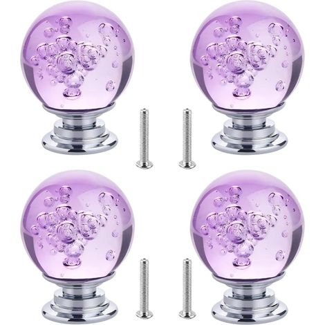 4 poignées en cristal violet à bulles, boutons de tiroir en verre et alliage de zinc. (1/5)