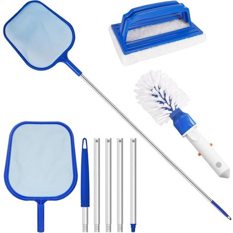 Kit Nettoyage Piscine 4 Pièces, Épuisette Maille Fine, Brosse Éponge, Brosse Nettoyante, Perche Aluminium 5 Sections, pour Spa, Jacuzzi, Bassin (1/5)