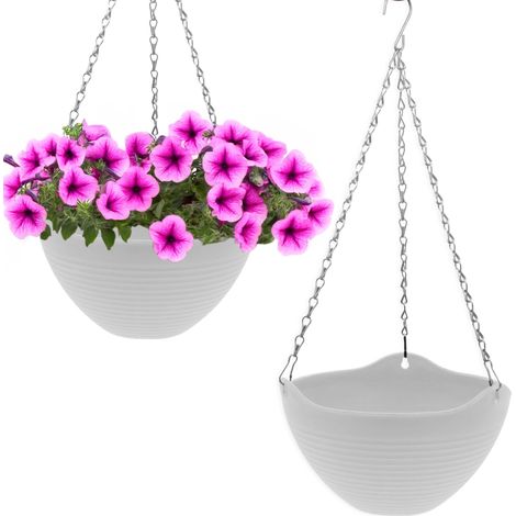 Blumenampel weiß mit Rillen Struktur 25 cm - 2er Set - Kunststoff Hängeampel mit Ablauf und Metallkette