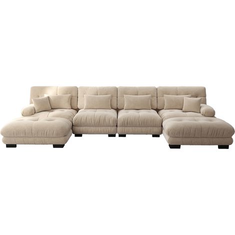 Sofá modular esquinero en U de chenilla marrón claro con otomanas móviles, 4 plazas (1/5)
