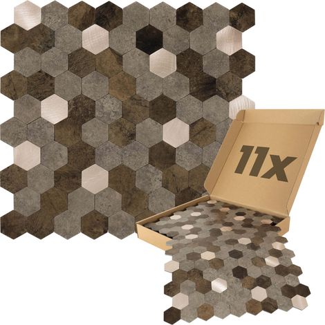 Wandpaneele selbstklebend, Hexagon Muster 0,88m², 11 Stück Wandverkleidung feuchtigskeitsbeständig, Premium Qualität für Bad und Küche - Braun Mix Gold (1/5)