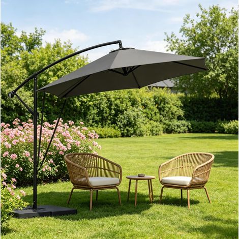 Sombrilla voladiza de 310x310 cm con manivela y ajuste de inclinación, estructura metálica, color gris oscuro, ideal para jardín y terraza. (1/5)