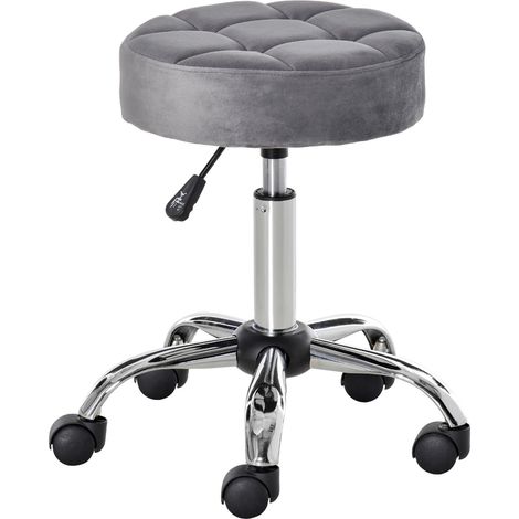 Fauteuil de salon à roulettes, tabouret roulant, réglable en hauteur, pivotant, revêtement velours, base chromée, gris, 35 x 35 x 49-61 cm, pour salons de coiffure et instituts de beauté
