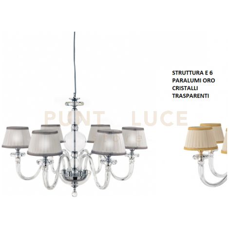 LAMPADARIO BACH 6 LUCI CRISTALLO E FINITURA ORO ATTACCO E14 CON PARALUMI