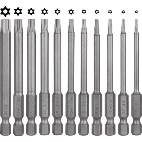Jeu de 11 embouts Torx 75 mm en acier S2, magnétiques, de T6 à T40, à changement rapide, pour perceuse/visseuse. Accessoire pour tournevis. (1/5)