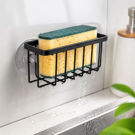 Support pour éponge à ventouse pour évier de cuisine, Rangement noir avec drainage pour éponges et brosses de nettoyage, Organisateur d'évier sans perçage, 2,1x2,4x5,4in (1/4)