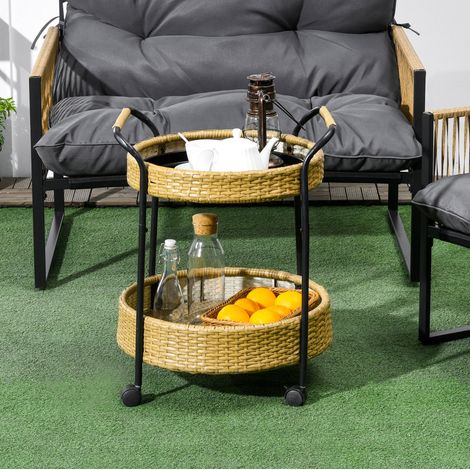 Chariot de cuisine rond 50x50x66 cm en polyrattan naturel, avec rangement pour terrasse FloraGrace (1/5)