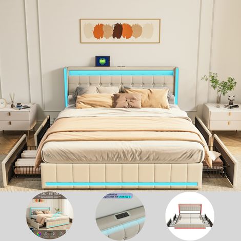 Polsterbett 180x200 cm mit LED-Beleuchtung und USB-Anschluss, Doppelbett mit 4 Schubladen, gestepptes Bett mit Lattenrost, Doppelbett, Leinen, Beige