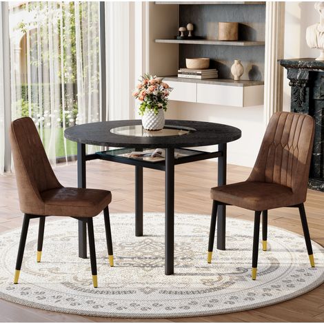 Ensemble de salle à manger rond MDF noir et métal avec 2 chaises en tissu technique marron, table Ø100 cm (1/5)