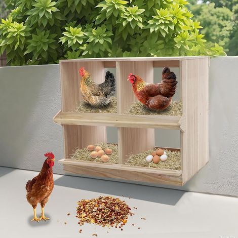 Nichoir pour poules à 4 compartiments, nichoirs à 4 compartiments en bois pour poules avec perchoirs, nid de poulailler en bois, boîtes de collecte d'œufs pour montage mural (1/5)
