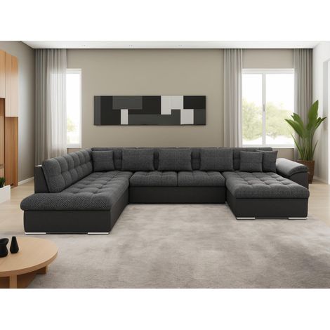 Bestmobilier – Canapé panoramique convertible 7 places – Coffre de rangement – Dimensions L350xH76xP205 cm – Tissu polyester bicolore noir/gris (1/5)