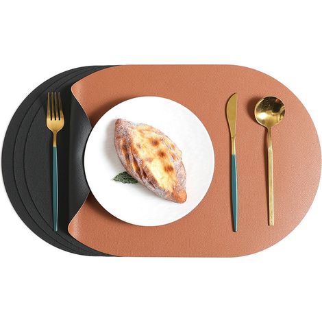 Platzset, 6-teilig, 44,5 x 30 x 0,18 cm, Platzset aus Leder und doppelseitiger Untersetzer, abwaschbar und wasserdicht, runde Platzsets aus Kunststoff (Schwarz & Braun, 6er-Set)