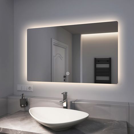 EMKE Miroir lumineux salle de bain Rétro-éclairage 100x60cm, Miroir LED avec Interrupteur Tactile, Miroir avec éclairage lumière Froide/Chaude/Neutre (1/5)