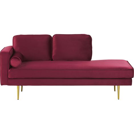 Chaise longue tapizado en terciopelo rojo oscuro versión izquierda patas de metal diseño moderno Miramas