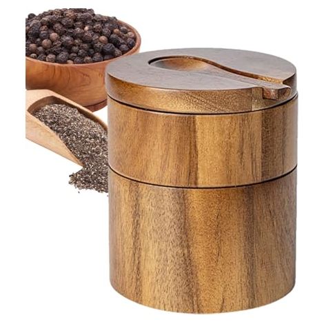 Salero de madera - Contenedor de sal Salero y pimentero redondo de doble capa, recipiente con tapa, salero de madera natural, soporte para especias de cocina (1/5)