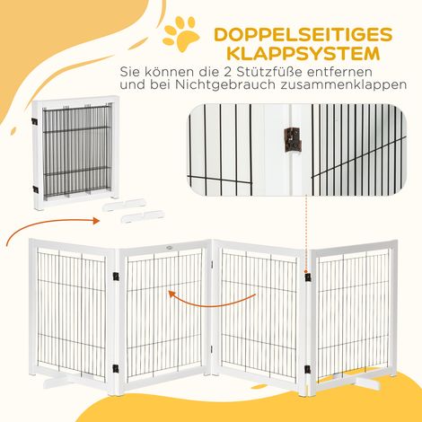 Barrière de sécurité pour chien autoportante avec pieds 305 x 82 cm bois, barrière pliante pour chien, barrière pour escalier, porte, couloir, 4 panneaux, blanc (1/5)
