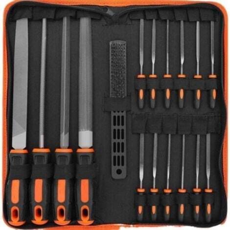 ALLIANDIS(Orange) Ensemble de 17 limes et lames, comprenant des limes en acier forgé, 4 grandes limes en métal, 12 limes aiguilles en métal et 1 brosse de nettoyage. (1/4)