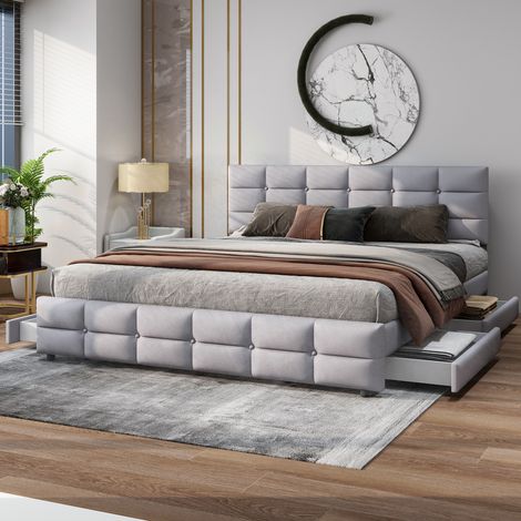 Cama Doble 180x200 cm Con 4 Cajones Base de Lamas y Cabecero Terciopelo Suave Gris (Sin Colchón) (1/5)