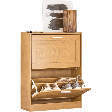 Sobuy – Meuble à chaussures FSR137N 60x23x79 cm – 2 abattants avec séparateurs réglables – Panneaux de particules E1 et bois MDF – Style scandinave (1/5)