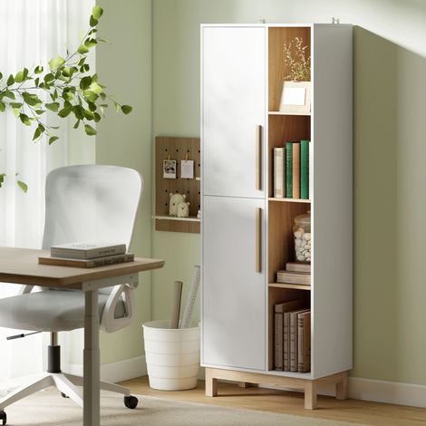 Librería de 176 cm de altura, 4 estantes abiertos, 2 armarios, librería independiente, MDF, blanca. (1/5)