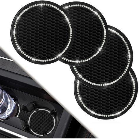Lot de 4 sous-verres de voiture à strass - 7 cm - Ornés de strass - Silicone antidérapant - Compatibles avec les porte-gobelets de voiture - Accessoire intérieur pour femme - Noir (1/5)