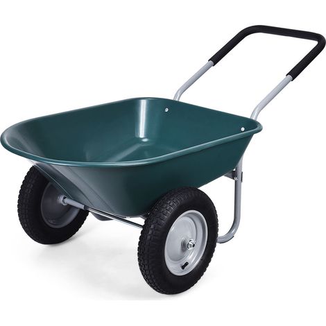 Chariot de jardin vert à 2 roues en acier avec bac en PP, pneus gonflables et poignée de traction pour jardin, ferme et terrasse (1/5)