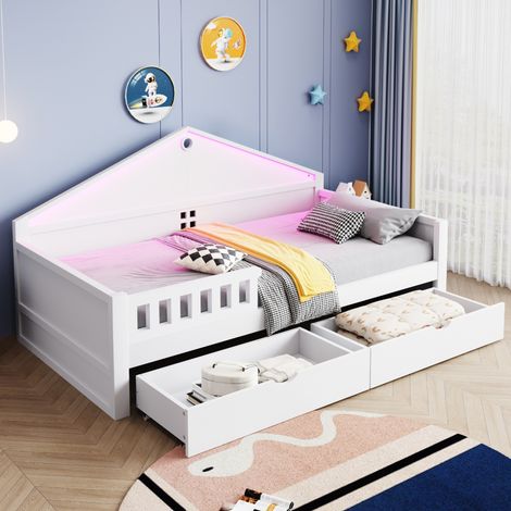 Lit simple en bois blanc 90x200 cm avec LED intégrée et 2 tiroirs de rangement (1/5)