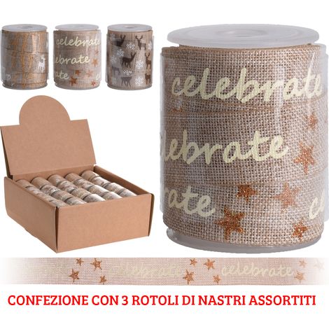 3 NASTRI DECORATIVI NATALIZI IN JUTA 1.5X300 CM ASSORTITI NATALE ACCESSORI REGALI
