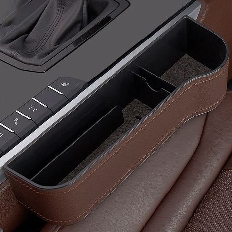 (Marron droit - PU) 2 pièces Organisateur de remplissage d'espace pour siège auto, porte-gobelet en cuir, boîte de rangement latérale pour console centrale avec porte-gobelets, poches de couture de si (1/5)