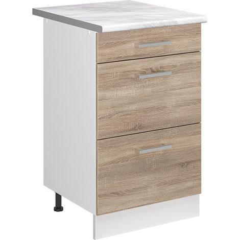 Mueble bajo de cocina R-Line, Sonoma/Blanco, 50 cm encimera Mármol, Vicco