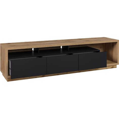 Meuble TV 3 tiroirs 200 cm Asten Noir et Bois (1/4)