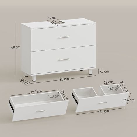 Meuble lavabo moderne 2 tiroirs, meuble sous vasque sur pieds, blanc, sans plinthe, pour salle de bain. (1/5)