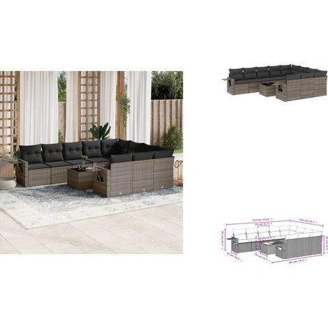 11-tlg. Garten-Sofagarnitur mit Kissen Grau Poly Rattan - Gartenmöbel - Sofas - Outdoor Möbel - Rattan Möbel - PE-Rattan (1/3)