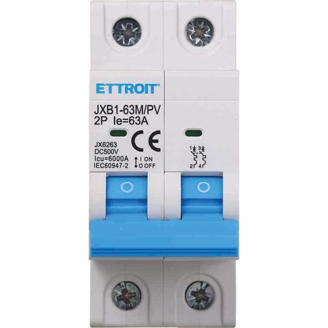 Interruttore Magnetotermico Fotovoltaico 2P DC 500V 63A 6kA Occupa 2 Moduli DIN Ettroit JX6263 (1/4)