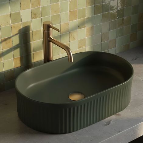 REA – Vasque à poser ovale en céramique sanitaire – Couleur olive mat – Longueur 490mm – Largeur 310mm – Hauteur 130mm – Sans trou de robinetterie (1/4)