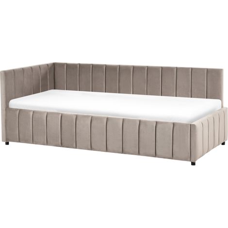 Cama elegante 90 x 200 cm tapicería de terciopelo acolchado somier de listones patas de madera gris pardo Lisieux (1/5)