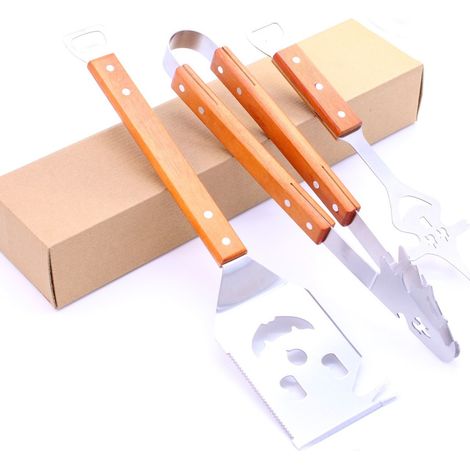 Set 3 ustensiles de barbecue en acier inoxydable avec manche en bois, spatule + pince + fourchette, ouvre‑bouteille intégré pour grill extérieur