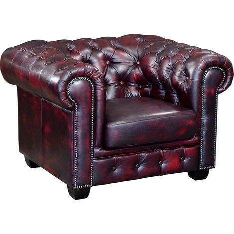 Vente-Unique – Fauteuil relax chesterfield 1 place 100% cuir de buffle – Confort équilibré – Finition capitonnée – Bordeaux (1/3)