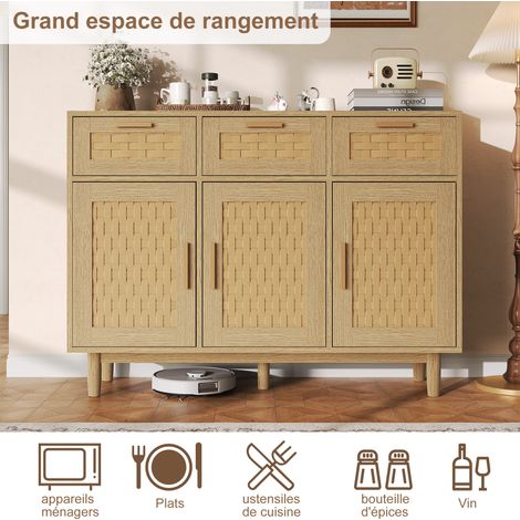 Buffet Placard 3 Portes,3 tiroirs,motif de tressage de rotin simulé,108×40×80 cm,anti-basculement,pour Cuisine,Salon,couleur chêne (1/5)