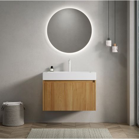 Wandwaschtisch 70.0x46.0x50.0 cm, mit glänzendem weißem Resinbecken, LED Soft Close Schublade, Eichenoptik, Naturholz Weiß (1/5)
